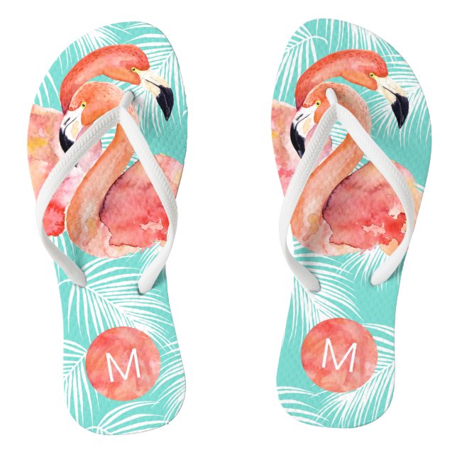 Tropisches Paradies rosa Flamingos mit Monogramm Flip Flops (Fußbett)