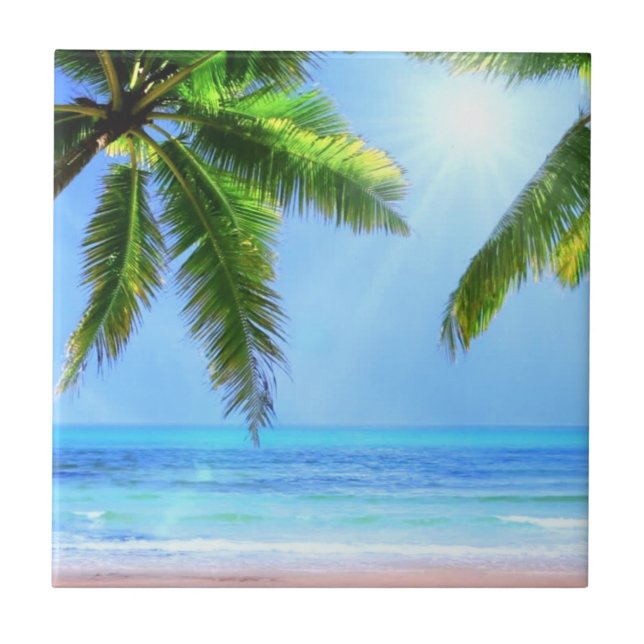Tropisches Paradies - Schöner Strand, Palmen Fliese (Vorderseite)