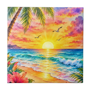 Tropisches Paradies Sonnenuntergang Wasserfarbe St Fliese