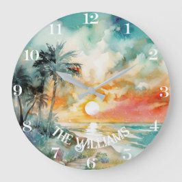 Tropisches Paradies - Strand mit Aquarellfarben Große Wanduhr