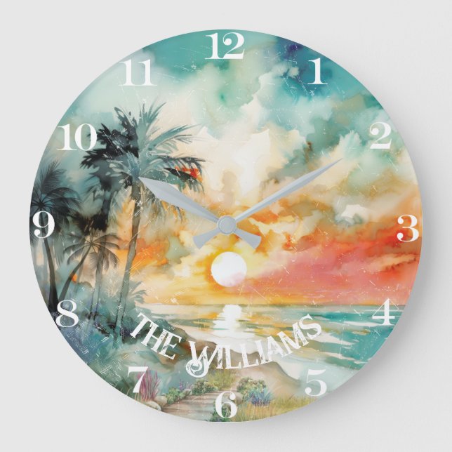 Tropisches Paradies - Strand mit Aquarellfarben Große Wanduhr (Vorderseite)