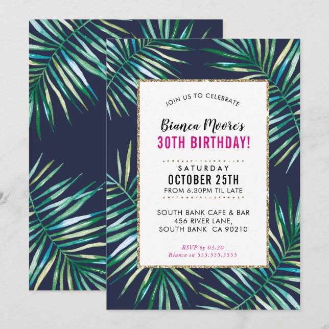 TROPISCHES PARTY INVITE Aquarellpalme Blätter luau Einladung (Vorne/Hinten)