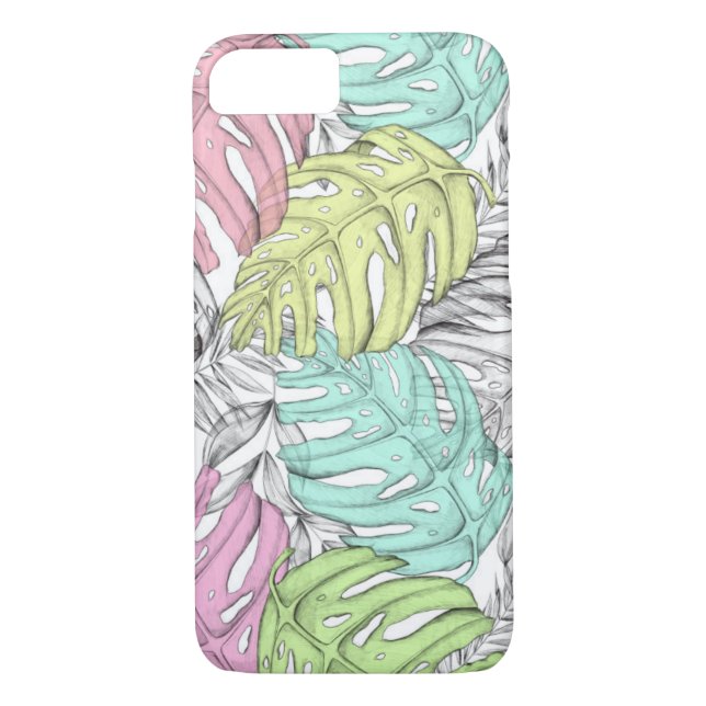 Tropisches Pastellmonstera-Blatt Wasserfarbmuster Case-Mate iPhone Hülle (Rückseite)