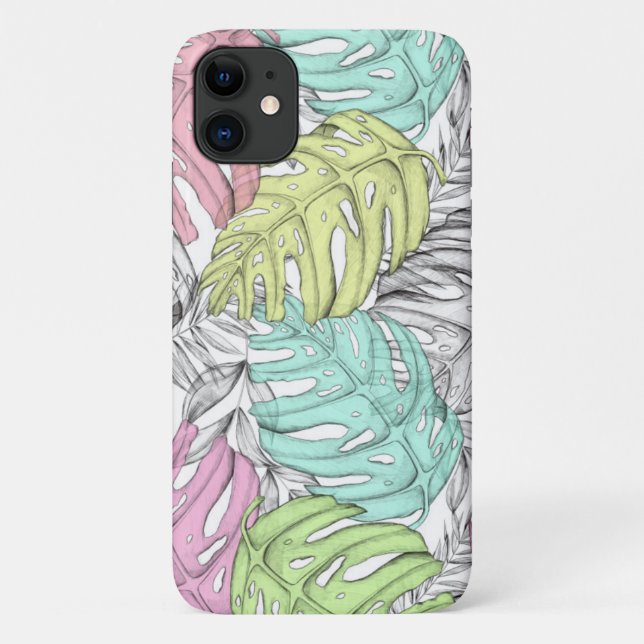 Tropisches Pastellmonstera-Blatt Wasserfarbmuster Case-Mate iPhone Hülle (Rückseite)