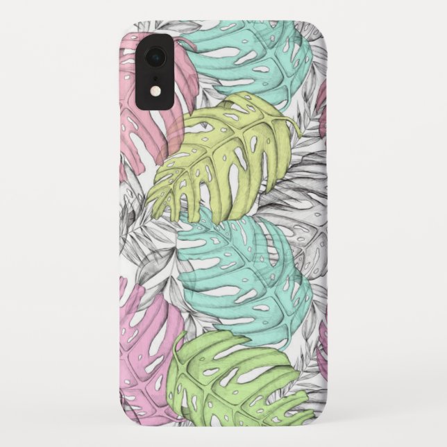Tropisches Pastellmonstera-Blatt Wasserfarbmuster Case-Mate iPhone Hülle (Rückseite)