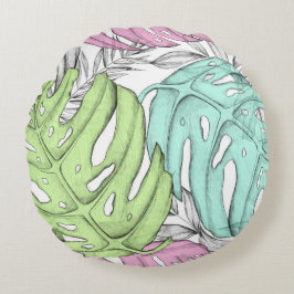 Tropisches Pastellmonstera-Blatt Wasserfarbmuster Rundes Kissen