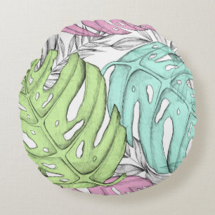 Tropisches Pastellmonstera-Blatt Wasserfarbmuster Rundes Kissen