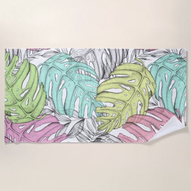 Tropisches Pastellmonstera-Blatt Wasserfarbmuster Strandtuch (Vorderseite)