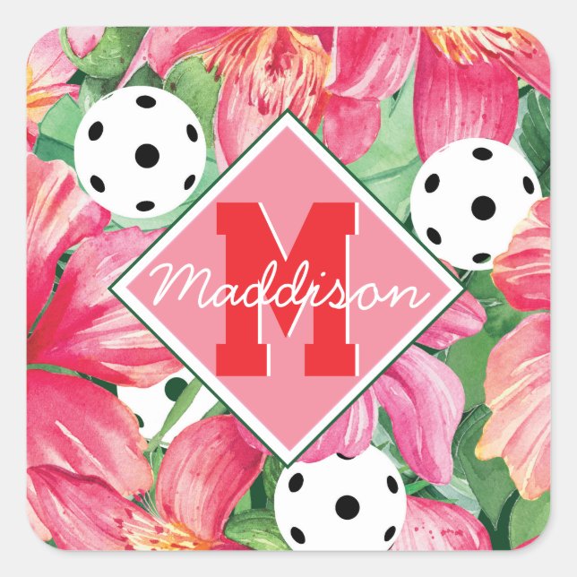 🌺 🌴 tropisches Pickleball mit Hibiskus, mit Name Quadratischer Aufkleber (Vorderseite)