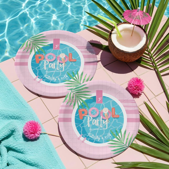Tropisches Pink & Blue Summer Birthday Pool Party Pappteller (Tropical Pink & Blue Summer Birthday Pool Party Paper Plates)