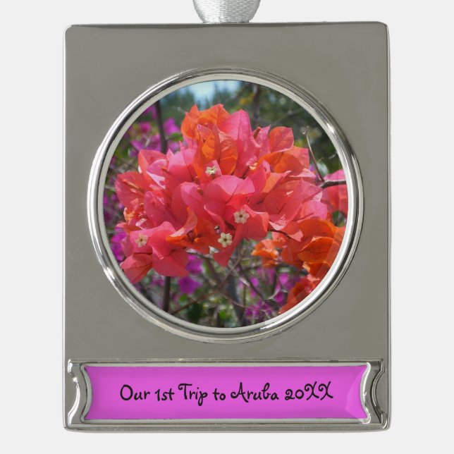 Tropisches Pink Bougainvillea Insel Floral Banner-Ornament Silber (Vorderseite)