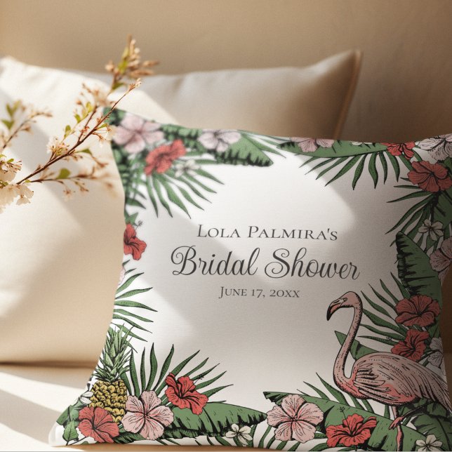 Tropisches Pink-Flamingo-Brautparty Kissen (Elegant Hawaiian Bridal Shower  Design. Hand-Drawn Tropical Hibiscus Flowers, Flamingo, Pineapple)