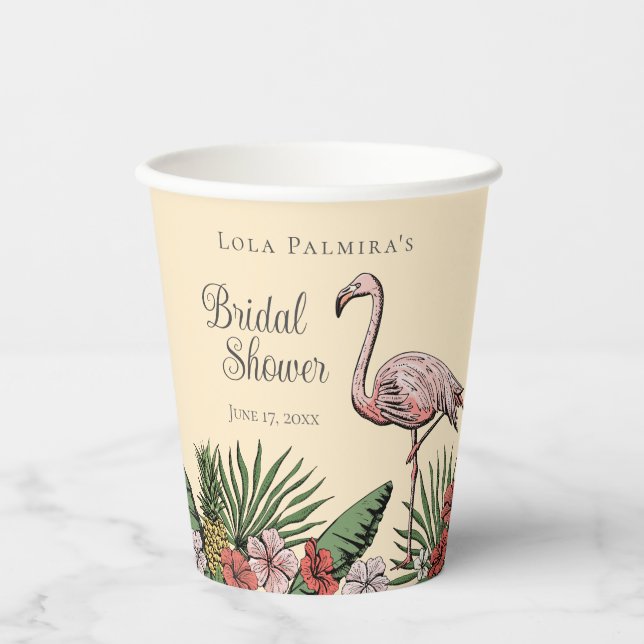Tropisches Pink-Flamingo-Brautparty Pappbecher (Vorderseite)