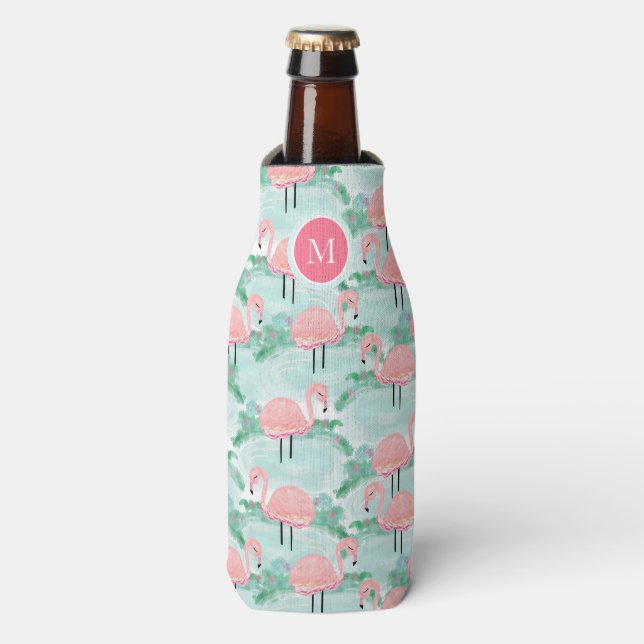 Tropisches Pink Flamingos Lagoon Personalisiert Flaschenkühler (Flaschenvorderseite)