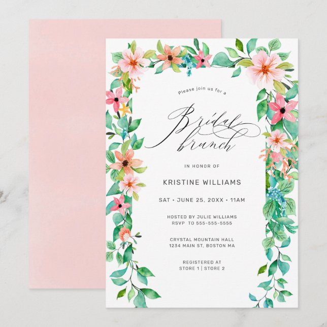 Tropisches Pink Floral Modernes Drehbuch Bridal Br Einladung (Vorne/Hinten)