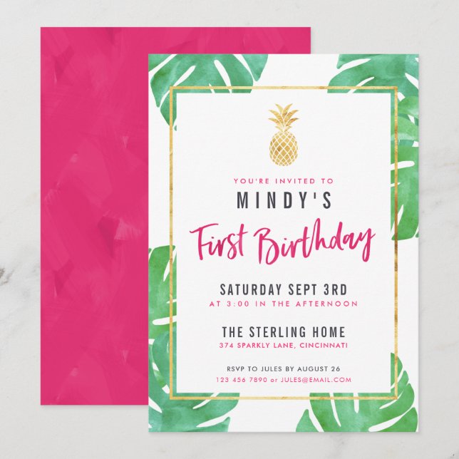 Tropisches Pink & Gold 1. Geburtstag Party Einladu Einladung (Vorne/Hinten)