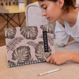 Tropisches Pink & Gold Palm Blätter Muster & Name Notizbuch