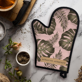 Tropisches Pink & Gold Palm Blätter Muster & Name Ofenhandschuh & Topflappen-Set