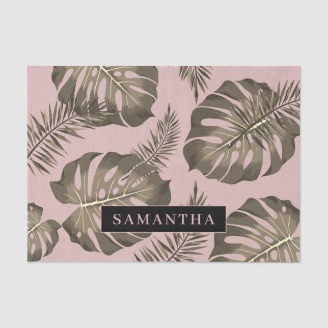 Tropisches Pink & Gold Palm Blätter Muster & Name Seidenpapier (Vorderseite)