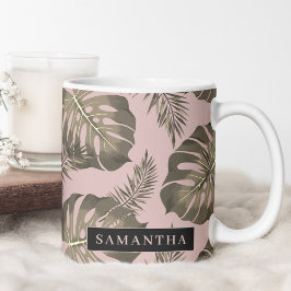 Tropisches Pink & Gold Palm Blätter Muster & Name Zweifarbige Tasse