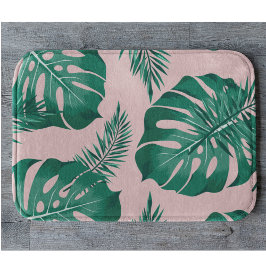 Tropisches Pink & Green Palm Blätter Nahtloses Mus Badematte