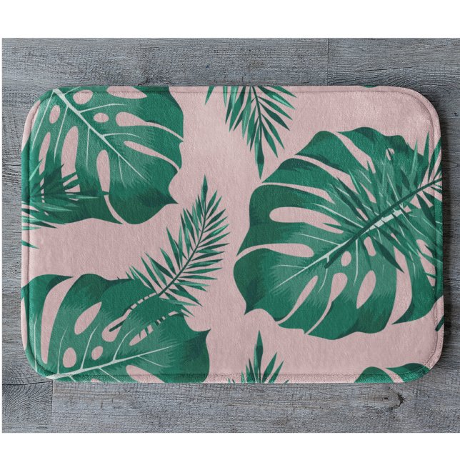 Tropisches Pink & Green Palm Blätter Nahtloses Mus Badematte (Von Creator hochgeladen)