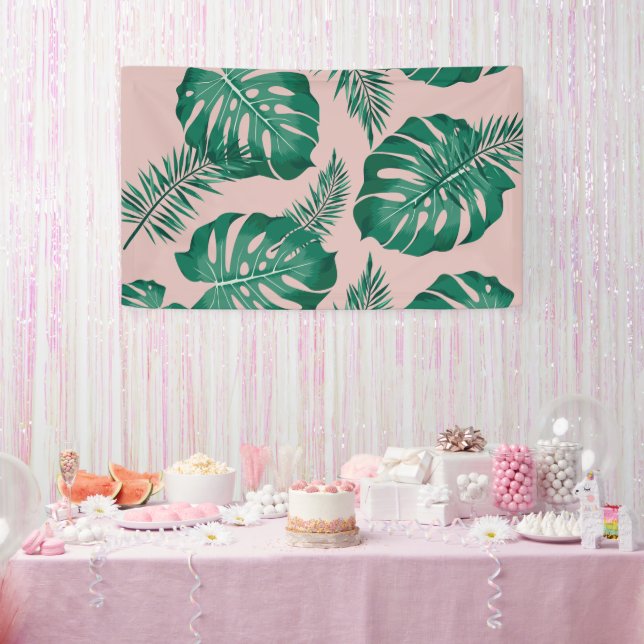 Tropisches Pink & Green Palm Blätter Nahtloses Mus Banner (Party)