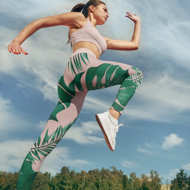 Tropisches Pink & Green Palm Blätter Nahtloses Mus Leggings (Von Creator hochgeladen)