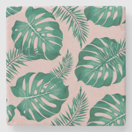 Tropisches Pink & Green Palm Blätter Nahtloses Mus Steinuntersetzer