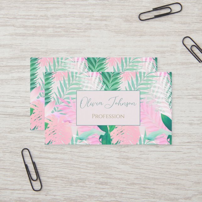 Tropisches Pink Mint Palm Foliage Grüne Visitenkarte (Vorderseite/Rückseite Beispiel)