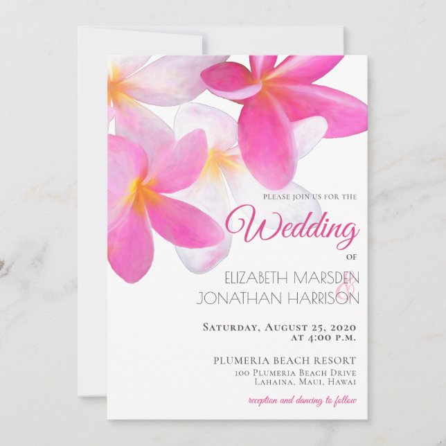 Tropisches Pink-Pink-Plumeria Hawaii Beach Wedding Einladung (Vorderseite)