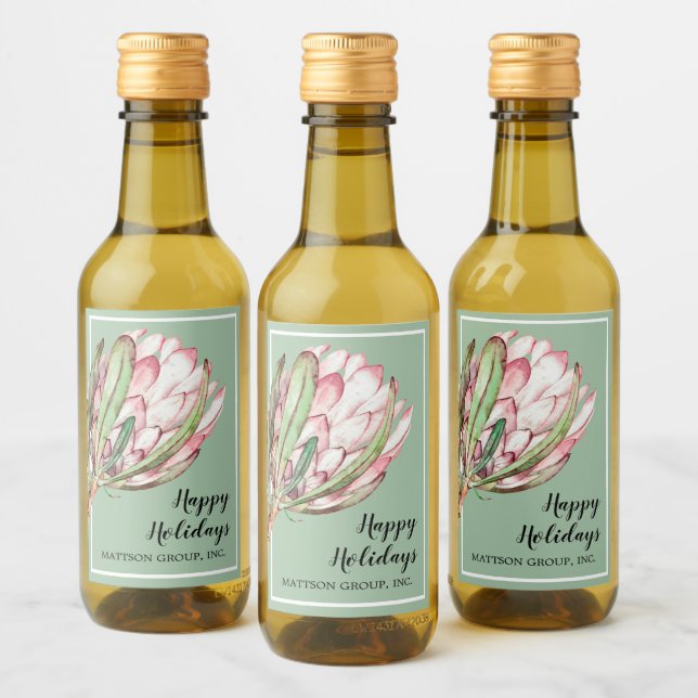 Tropisches Pink-Protea-Floral auf Mint MINI Weinetikett (Flaschen)