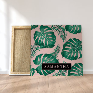Tropisches Pink und grüne Palme Blätter Muster und Leinwanddruck
