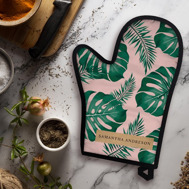 Tropisches Pink und grüne Palme Blätter Muster und Ofenhandschuh & Topflappen-Set (Von Creator hochgeladen)