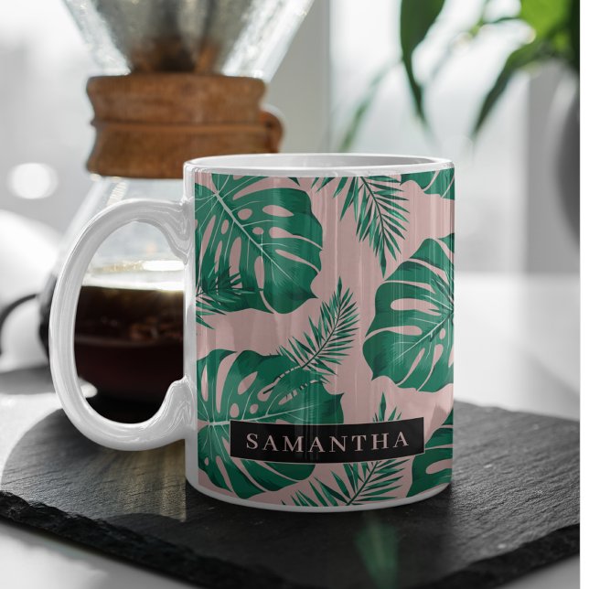 Tropisches Pink und grüne Palme Blätter Muster und Zweifarbige Tasse (Von Creator hochgeladen)