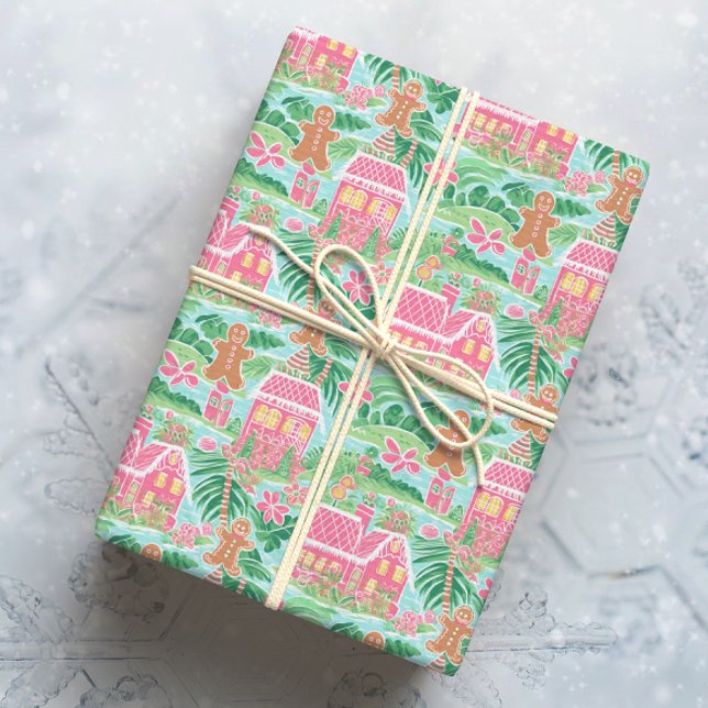 Tropisches Pink und grünes Weihnachtsgebäck Stadt Geschenkpapier (Von Creator hochgeladen)