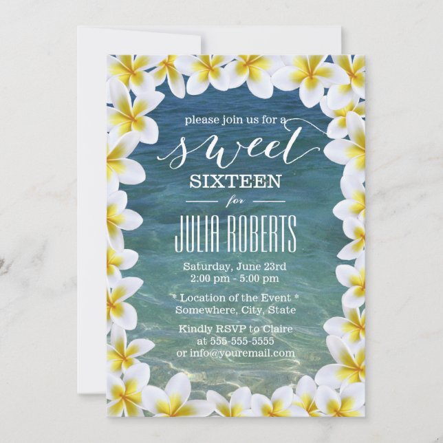 Tropisches Plumeria Blume Beach Sweet 16 Einladung (Vorderseite)
