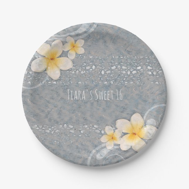 Tropisches Plumeria Blume Grau-Gelb Sommer Party Pappteller (Vorderseite)