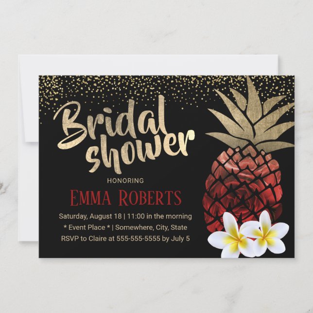 Tropisches Red & Gold Ananas Beach Brautparty Einladung (Vorderseite)