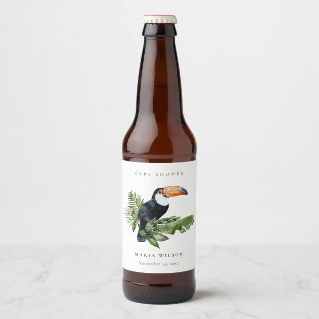 Tropisches Regenwald Toucan Foliage Babydusche Bierflaschenetikett (Vorderseite)