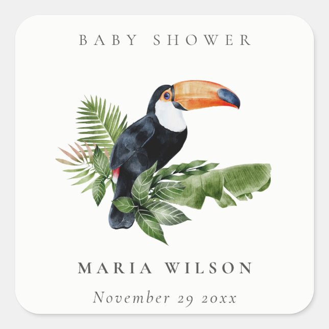 Tropisches Regenwald Toucan Foliage Babydusche Quadratischer Aufkleber (Vorderseite)
