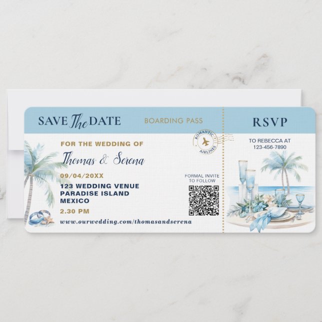 Tropisches Reiseziel-QR-Code-Hochzeit Bordkarte Einladung (Vorderseite)