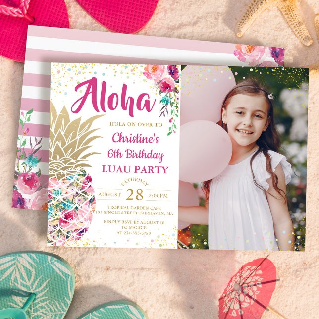 Tropisches Rosa Ananas Luau Birthday Foto Einladung (Von Creator hochgeladen)