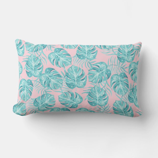 Tropisches rosa aquamarines Watercolormonster Lendenkissen (Vorderseite)
