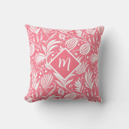 Tropisches rosa Blumenmuster Diamant-Monogramm Kissen