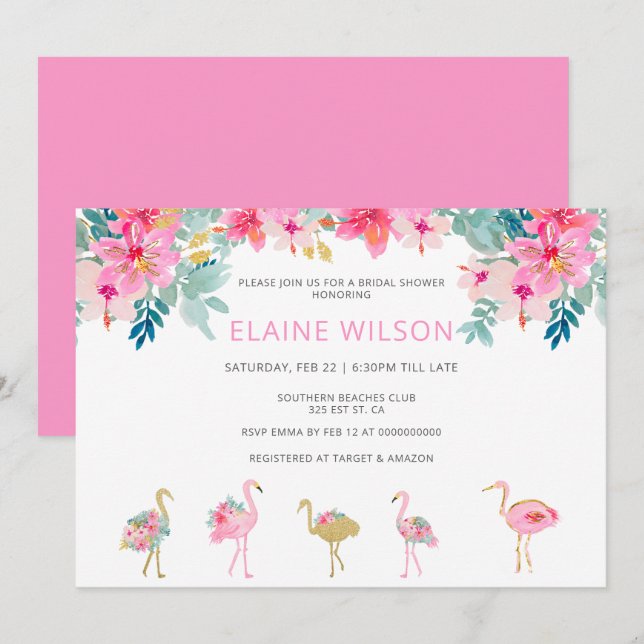 Tropisches Rosa-Brautparty Flamingo Einladung (Vorne/Hinten)