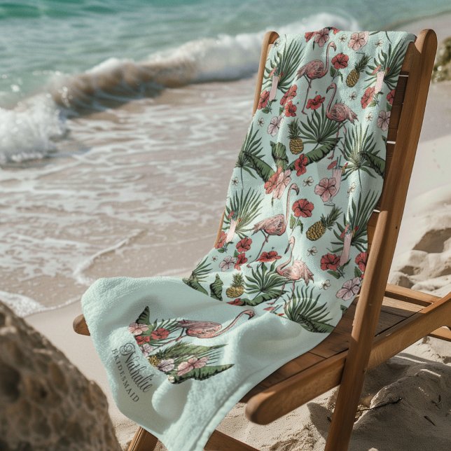 Tropisches rosa Flamingo Blumenmuster Türkis Strandtuch (Tropical Pink Flamingo Bridesmaid Beach / Pool Towels. Flamingo, Hibiscus Flowers, Pineapple, Drinks)