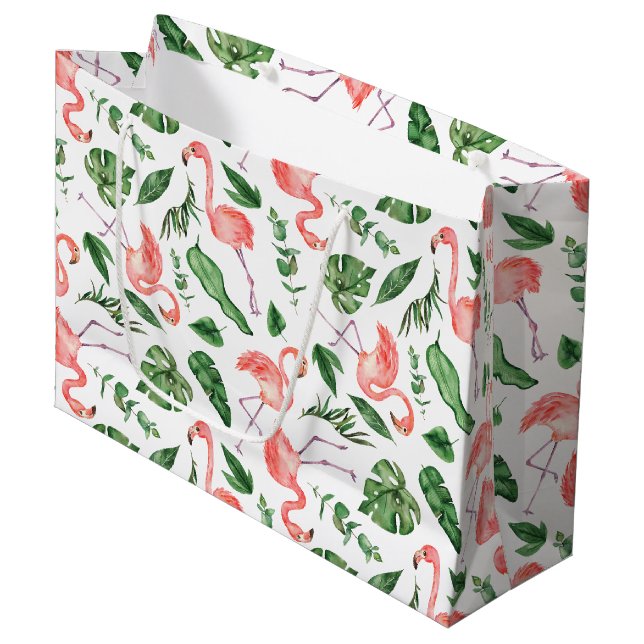 Tropisches rosa Flamingo-Muster Große Geschenktüte (Vorderseite Schrägansicht)