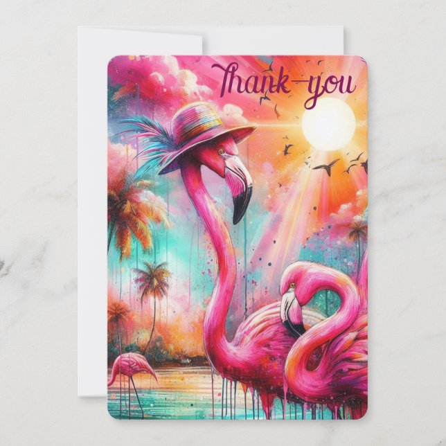 Tropisches rosa Flamingos Palm Trees Sun Flamingo Dankeskarte (Vorderseite)