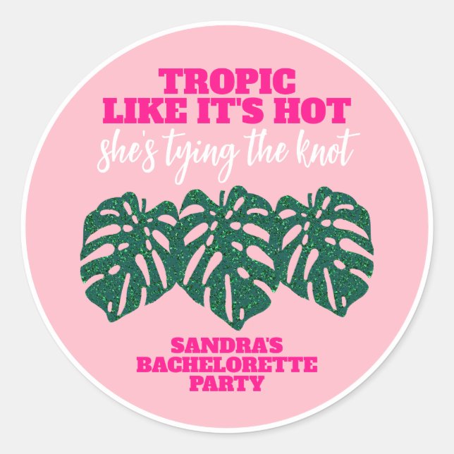 Tropisches Rosa Glitzer Monstera Junggeselinnen-Ab Runder Aufkleber (Vorderseite)